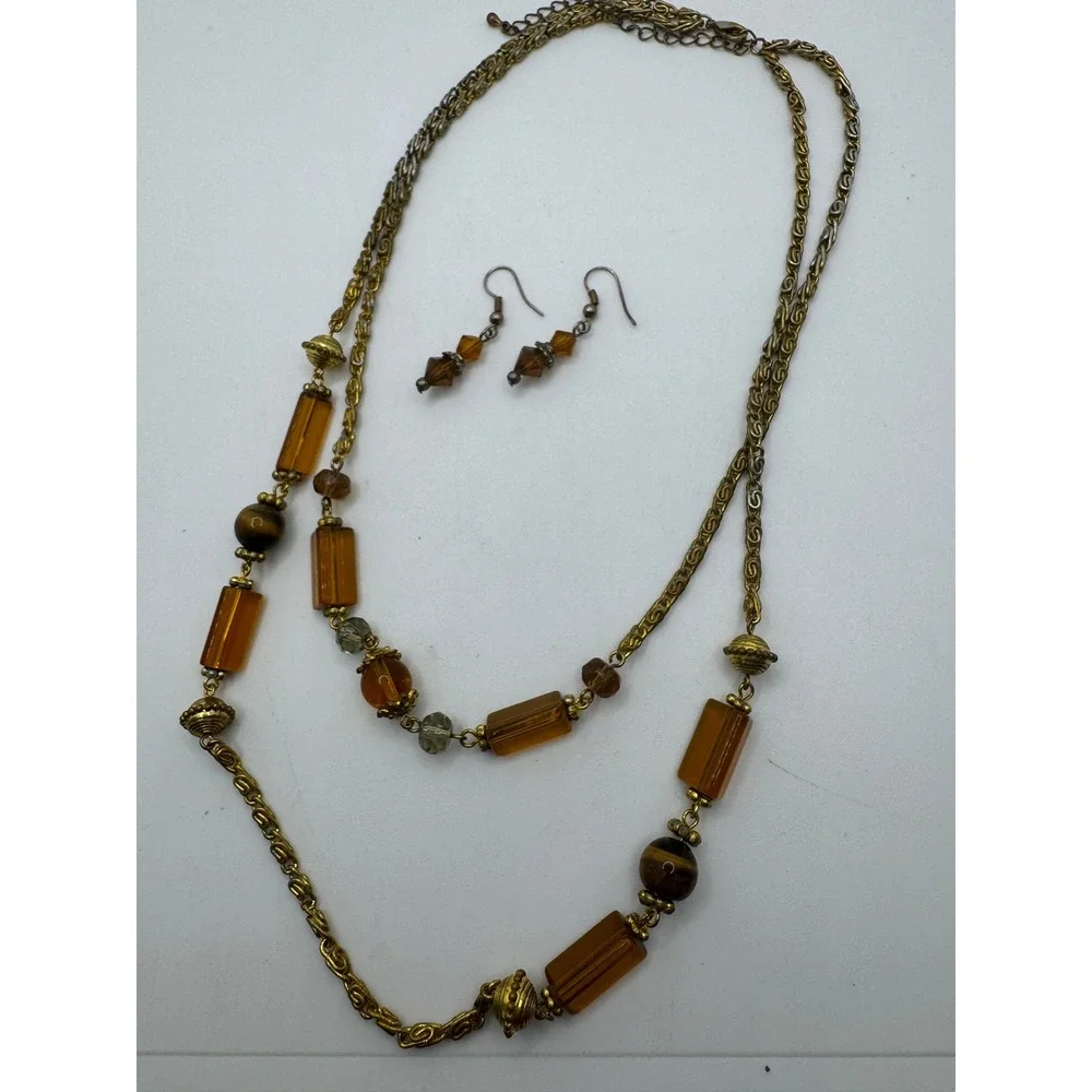 Vintage Amber Resin Tiger Eye Layered Necklace and Dangle Earring Set Gold Tone